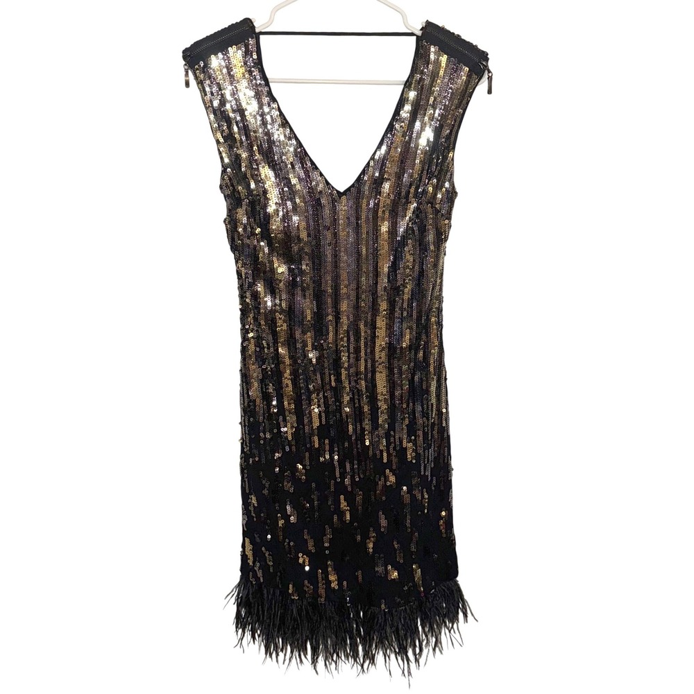 STUNNING bebe "Ghost in the Tower" Black Sequin Mini Dress Feather Hem Size XS